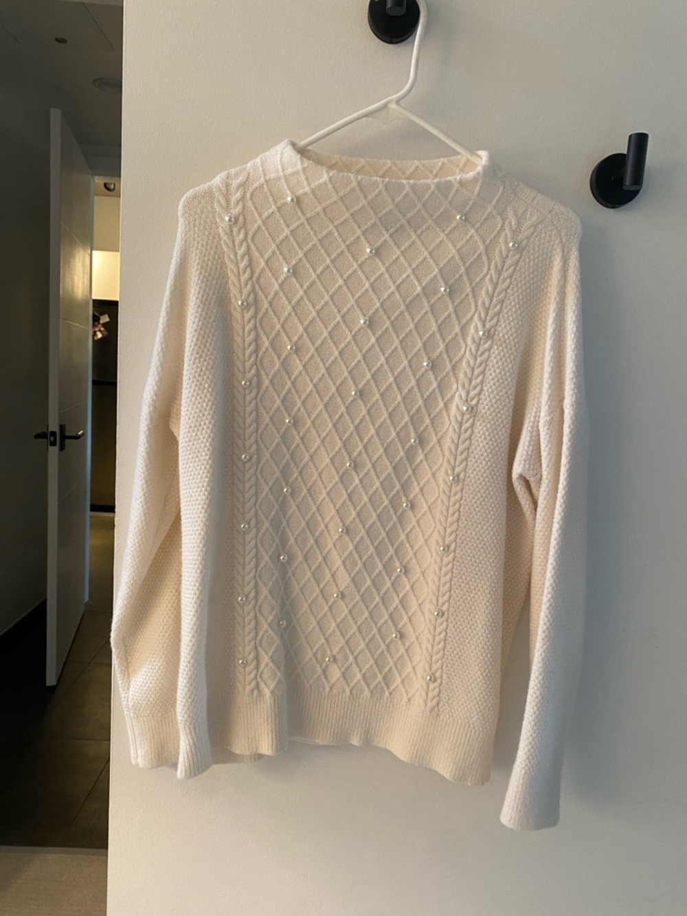 Ann Taylor Ivory Pearl-Embellished Cable Knit Sweater